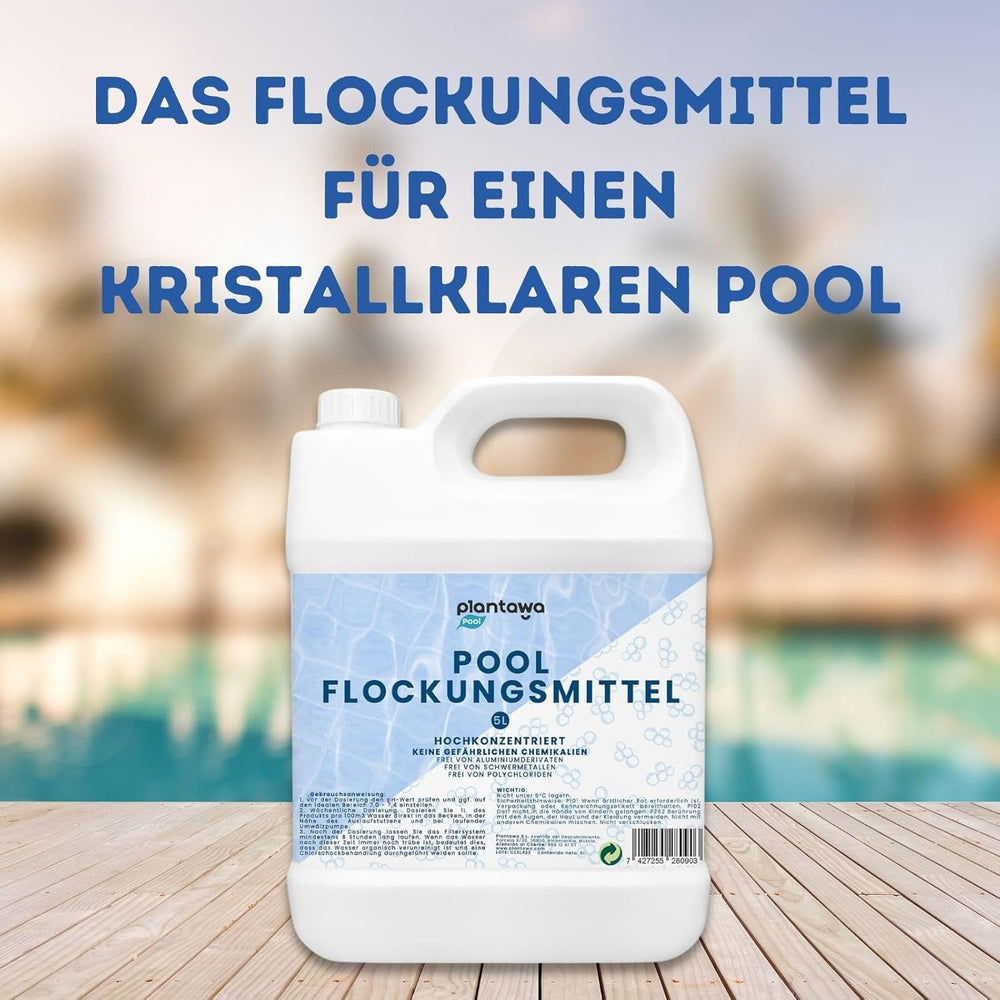 Pool flokkuleringsmiddel 5L | Pool flokkuleringsmiddel til krystalklart vand | Meget koncentreret og økonomisk | Velegnet til alle filtreringssystemer | Ingen skadelige tilsætningsstoffer