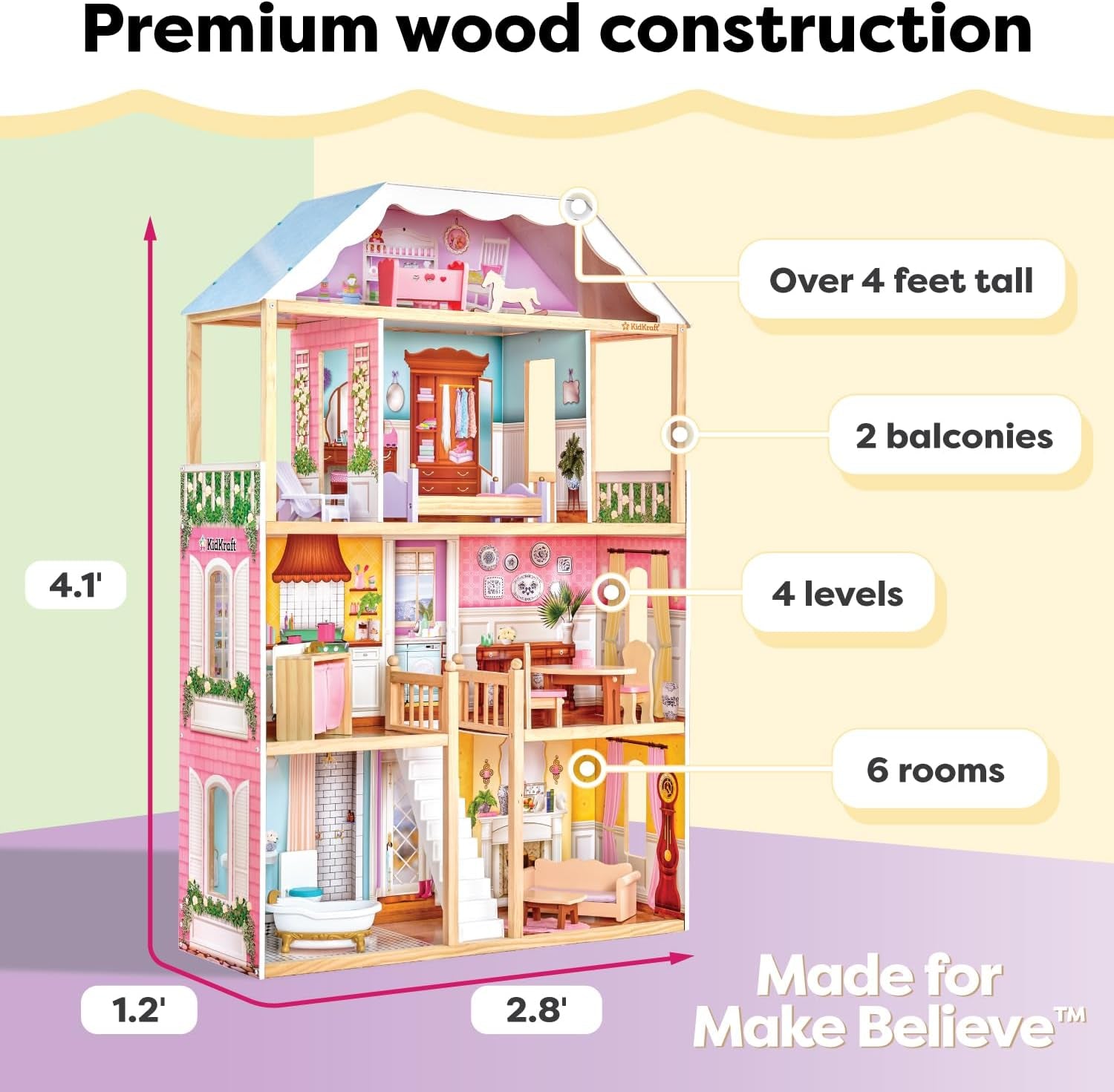 Casă de păpuși din lemn Kidkraft Charlotte cu mobilier și accesorii, casă de păpuși în stil clasic pentru păpuși de 30 cm, jucărie pentru copii de la 3 ani, 65956 Casute de papusi Naty Shop