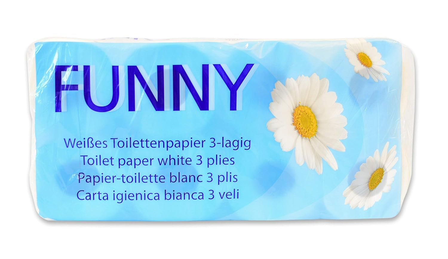 Hârtie igienică Funny AG-014, 3 straturi, 250 de coli, 9,5 cm x 11 cm, albă, pachet unic de 8 role