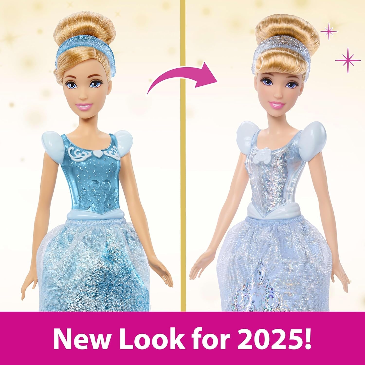 Mattel DISNEY Prințesa Cenușăreasa - Păpușă articulată cu ținută strălucitoare, pantofi detașabili și diademă, păr pieptănat pentru distracție de coafare, pentru copii cu vârsta de 3 ani și peste, HLW06