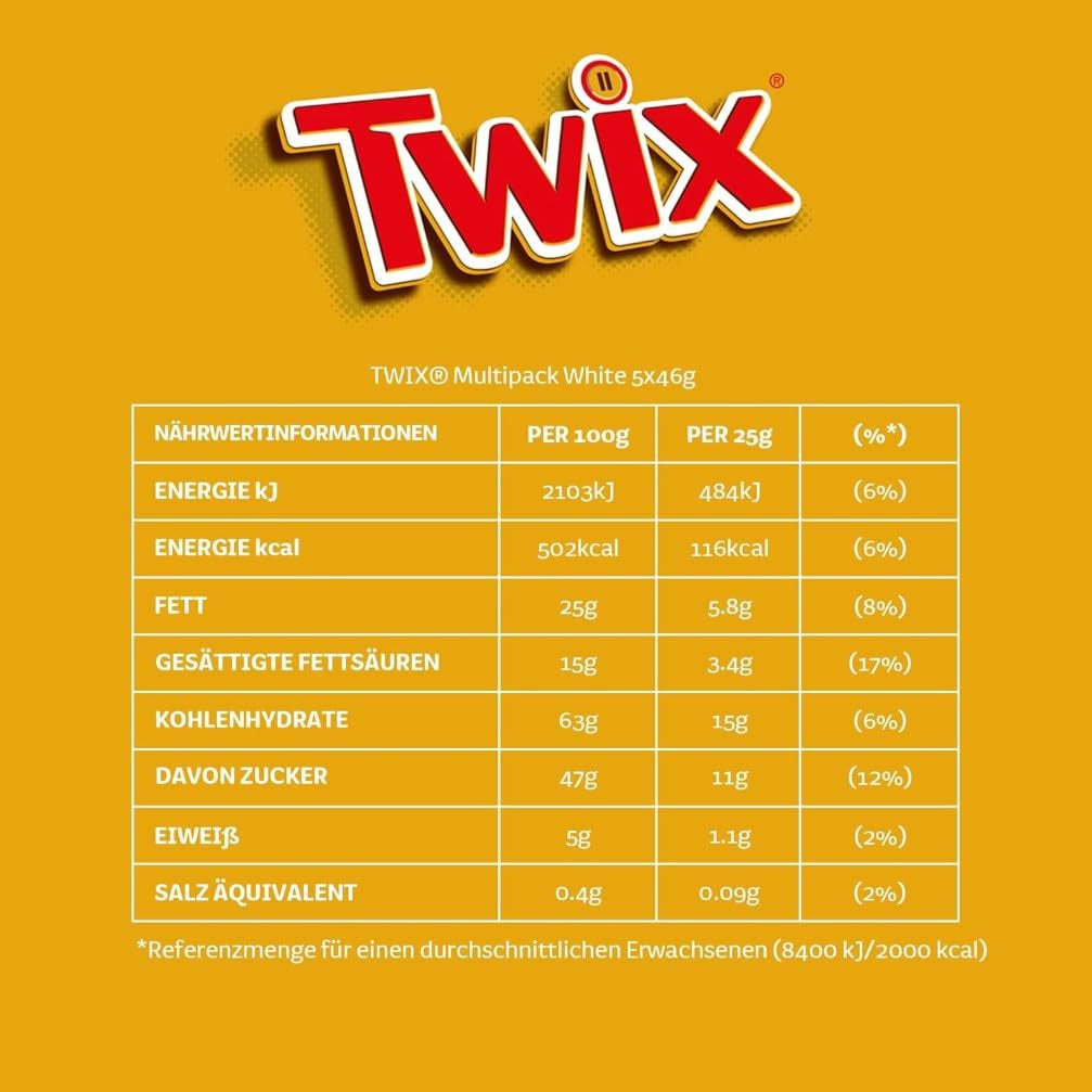 Twix hvide chokoladebarer; karamel, kiks, hvid chokolade; flere pakker chokolade; 5 barer (5 x 46 g)