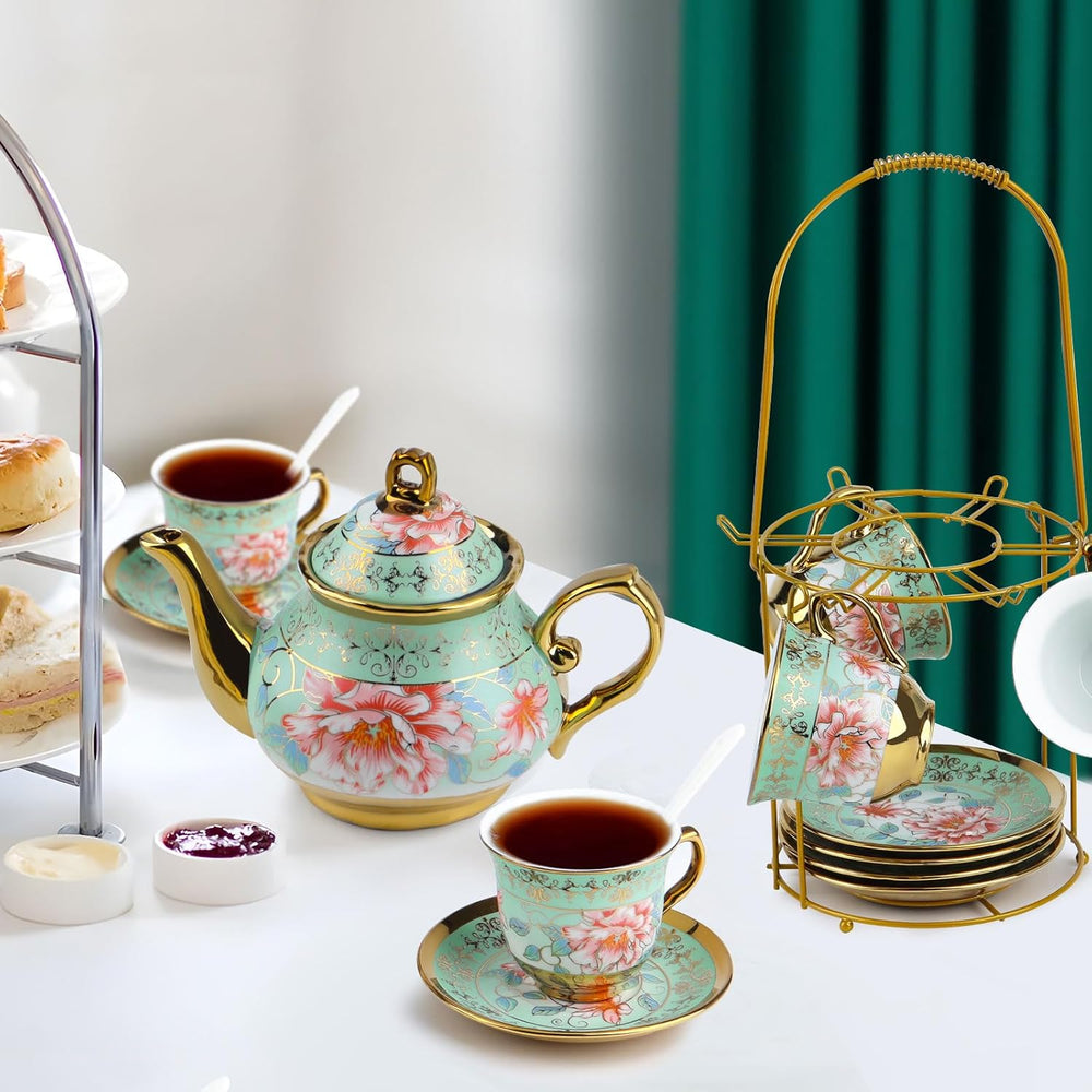Set de ceai din ceramică cu suport metalic, set de ceai din porțelan cu 20 de piese cu motiv floral vintage, set de ceai în stil european pentru 6 persoane, ceașcă de ceai din ceramică de 160 ml, ceainic de 700 ml, pentru petreceri