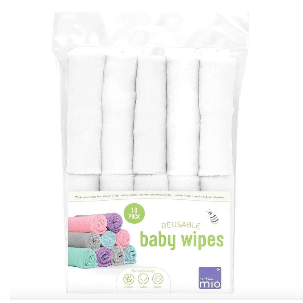 Bambino Mio Genanvendelige Babyservietter - Basic - Miljøvenlige, Kemikaliefri, Dobbeltsidet, Vaskbar, 10 Pack, Cloud - Emballagen kan variere