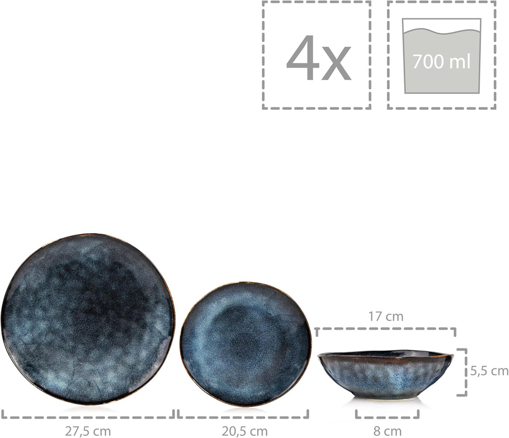 SÄNGER | Set de veselă Tokyo cu 12 piese, set de veselă din gresie pentru 4 persoane, inclusiv farfurii de cină, farfurii de desert și boluri, albastru închis cu accente negre | COLECȚIA PREMIUM