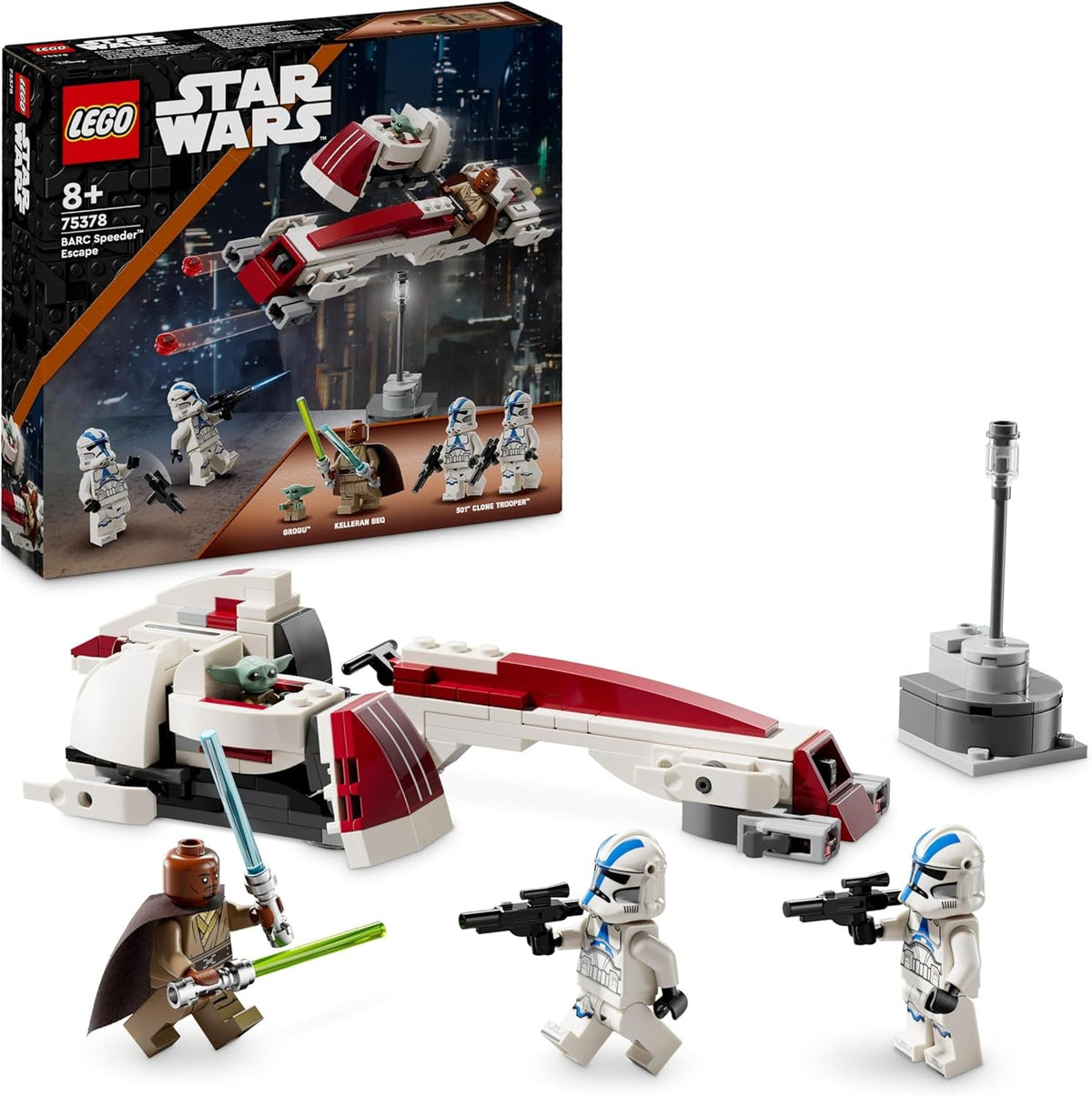 LEGO Star Wars Escape With The BARC Speeder, Mandalorian-sættet, Legetøjscykel med sidevogn, Indeholder figurerne Kelleran Beq og Grogu, Gave til drenge og piger fra 8 år 75378 Byggesæt Besuche den LEGO-Store Legetøjsklods