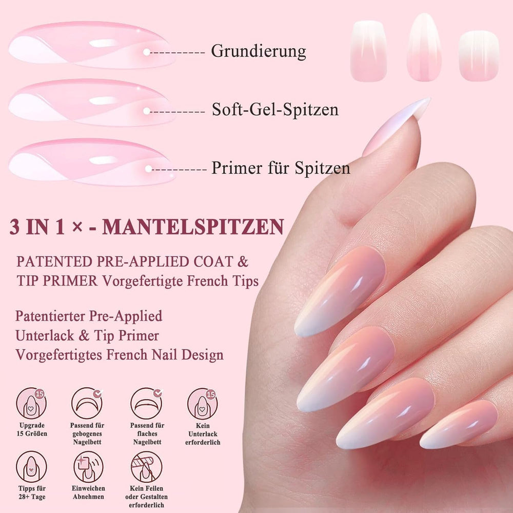 Set 288 bucăți unghii false Ombre Press-on - Kit unghii false artificiale Almond Square Medium Coffin - 3 stiluri gradient cu lipici pentru unghii acrilice pentru femei (Set gradient, 288 bucăți)