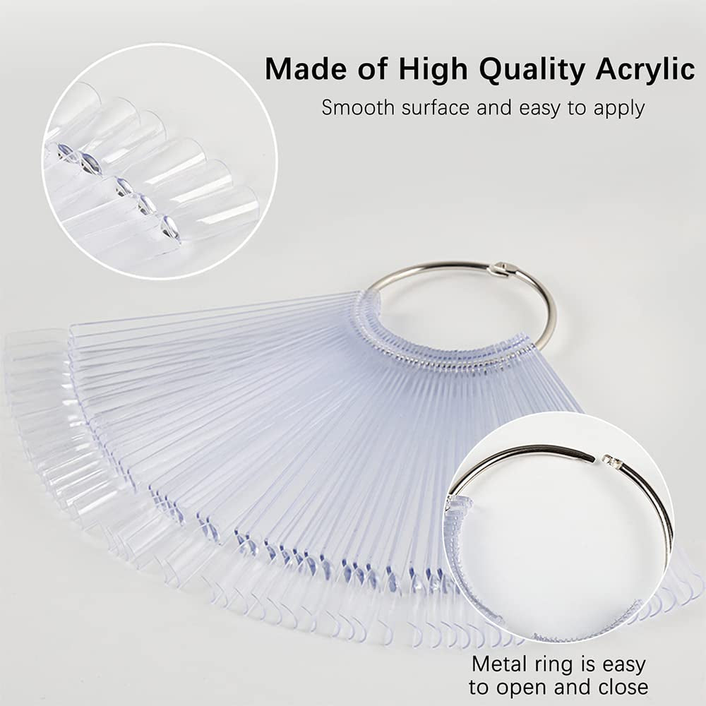 300 de bețișoare transparente pentru unghii, modele de unghii în formă de evantai, vârfuri de afișare a culorilor cu 6 inele metalice, placă de unghii artificială pentru salon de unghii și practică a ojei cu gel pentru începători