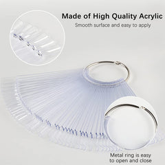 300 de bețișoare transparente pentru unghii, modele de unghii în formă de evantai, vârfuri de afișare a culorilor cu 6 inele metalice, placă de unghii artificială pentru salon de unghii și practică a ojei cu gel pentru începători