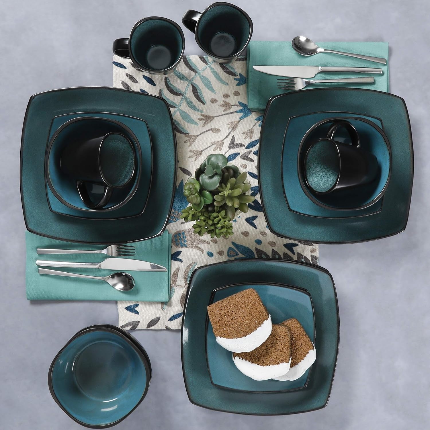 Set de veselă Gibson 99813.16R Elite Soho Lounge cu glazură reactivă pentru 4 persoane, 16 piese, efect bicolor albastru-verde/negru
