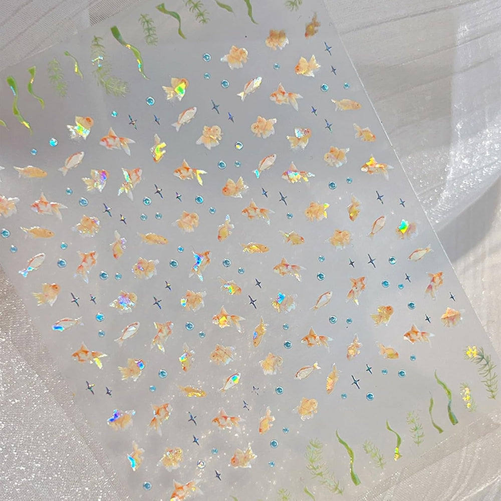 2 Stück Selbstklebende Nagelsticker Mit Muscheleffekt, Vierstrahlstern Und Goldfisch Design, Nagelaufkleber Für Fingernägel, Nail Art Zubehör Für Gelnägel