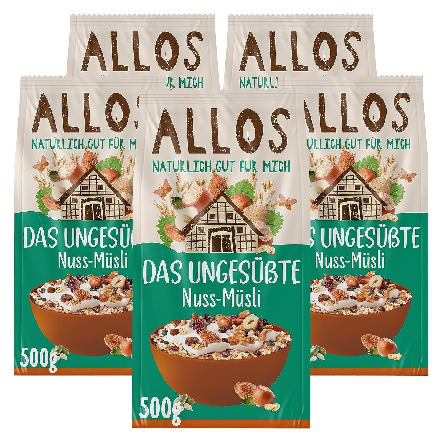 Allos usødet protein müsli | Økologisk müsli | Havregryn | Korn til morgenmad | Vegansk (5 x 450 g), 1 stk (pakke med 5)