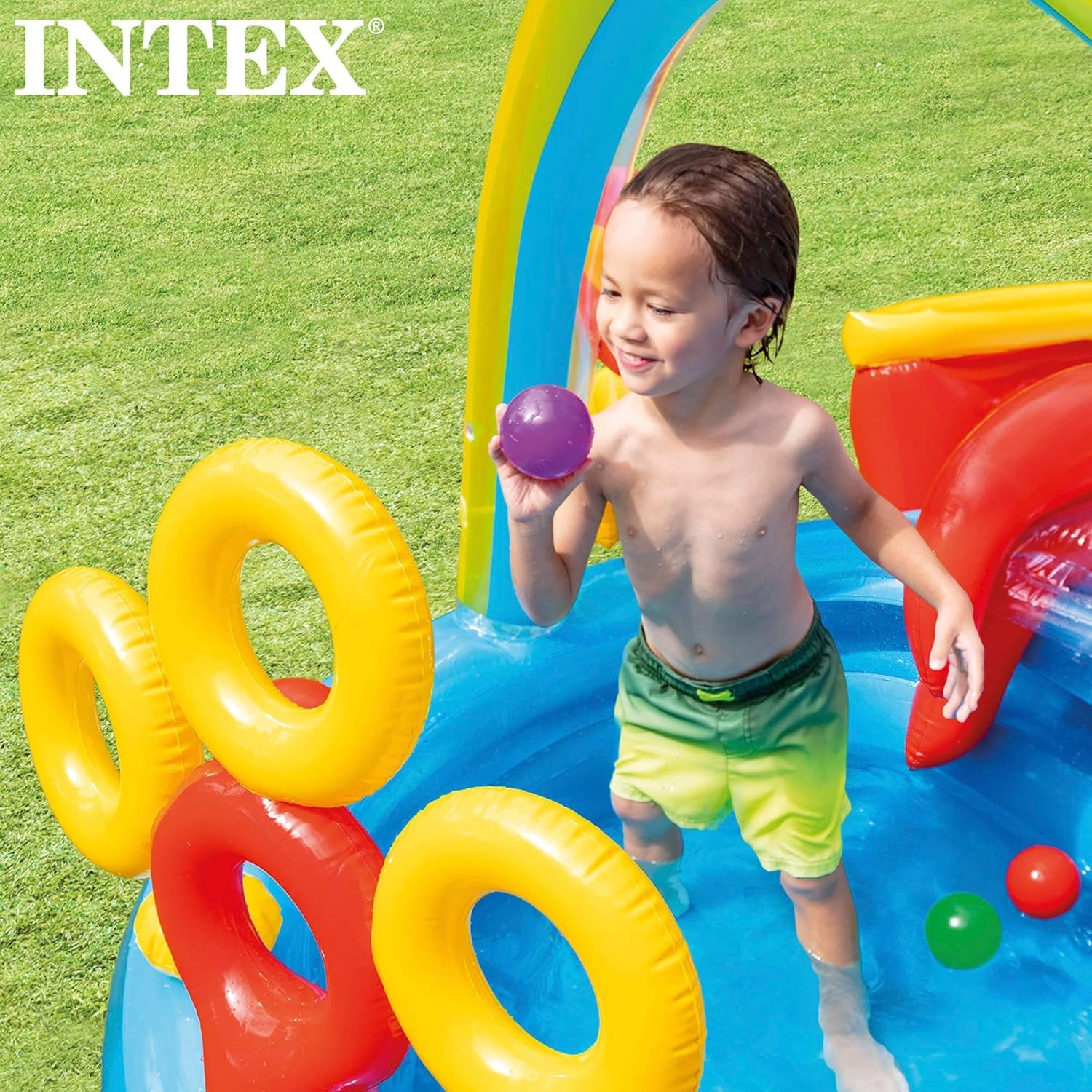 Intex Rainbow Ring Legecenter - Børnebassin over jorden - Børnebassin - 297 x 193 x 135 cm - Til 3+ år 57453NP Multicolor 297x193x135 cm