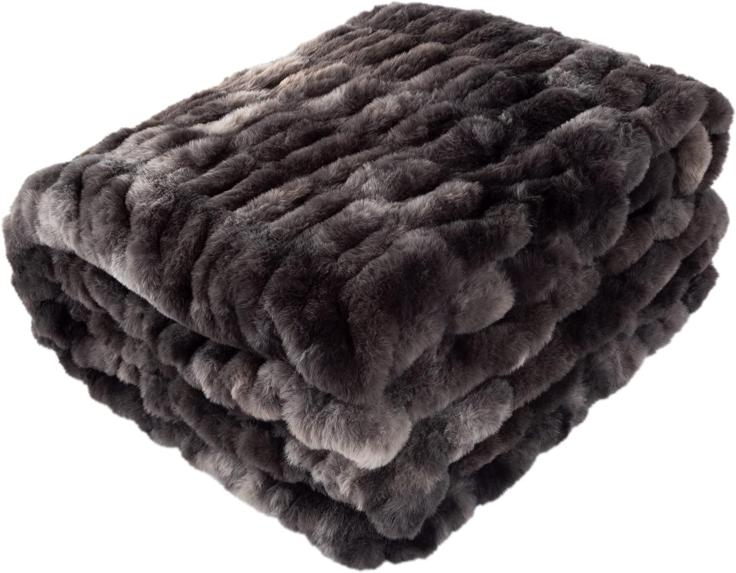 Lavish Home Oversized Gerüschte Faux Fur Tæppe, 152,4 X 203,2 Cm, Jacquard Faux Fur, Queen Size Throw til senge og sofaer, Grå Lavish Home Senge og tæpper Sort