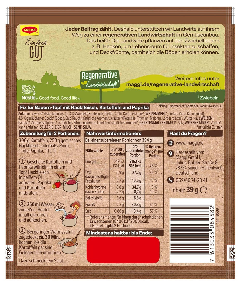 MAGGI Fix für Bauern-Topf mit Minkfleisch, Würzmischung, mit natürliche Ingredient*, for 2 Portions, 1er Pack (1 x 39g)
