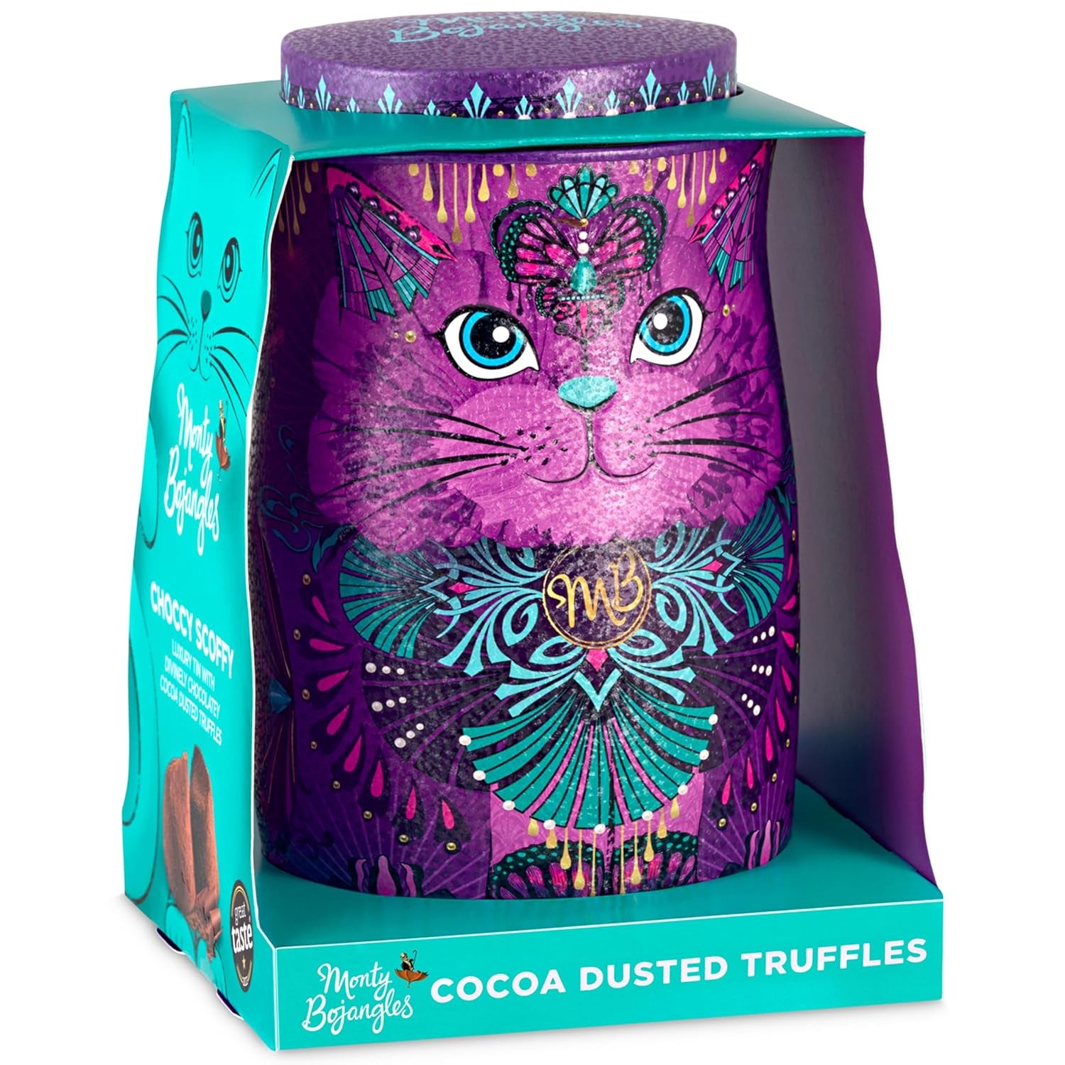 Monty Bojangles Savanna Gold Chokoladetrøfler (135 g) Kakaopulverpralingavesæt i en individuel kattedesign-samleræske Flutter Scotch-smag