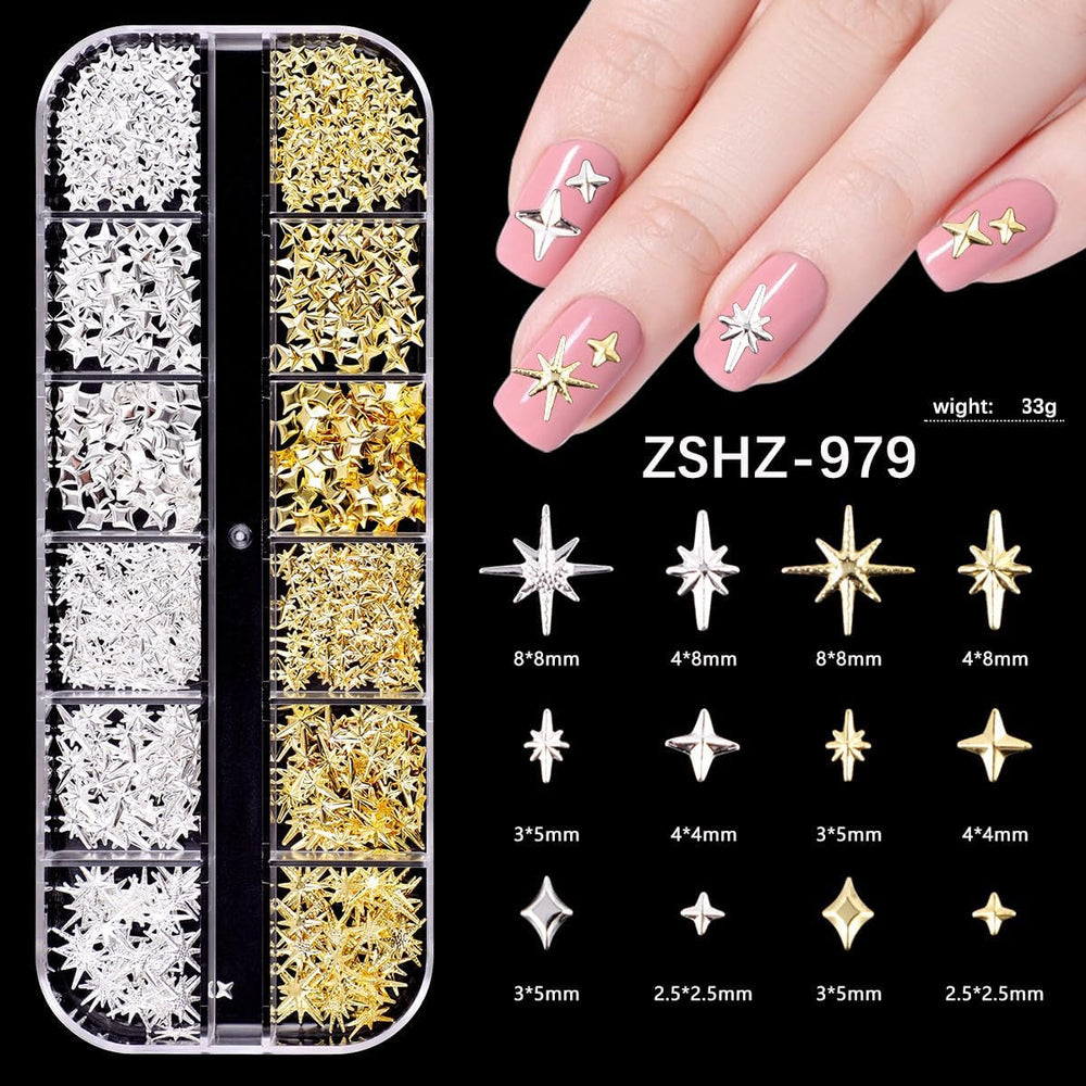 Nail Charms,6 Boxen Gold Silber Nagel Charms 3D Gold Bogen Stern Nail Art Dekoration+6200 Strasssteine Bunt Steine AB Perlen Diamanten,3D Legierung Bow Nail Gems Nagel Deko Für Frauen Nagel (6-A)