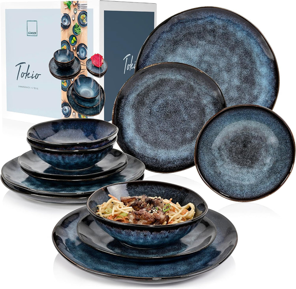 SÄNGER | Set de veselă Tokyo cu 12 piese, set de veselă din gresie pentru 4 persoane, inclusiv farfurii de cină, farfurii de desert și boluri, albastru închis cu accente negre | COLECȚIA PREMIUM