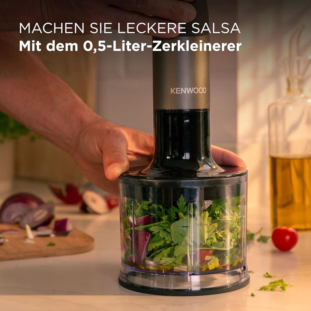 Kenwood Triblade XL Pro Stabmixer HBM80.322BK, 1200W, Variable Speeds, Edelstahl(Pürierfuß), Schneebesen, Emulgieraufsatz, 500Ml Zerkleiner, 700 & 250Ml Becher, Spülmaschinenarifeste Na Teile Bucat