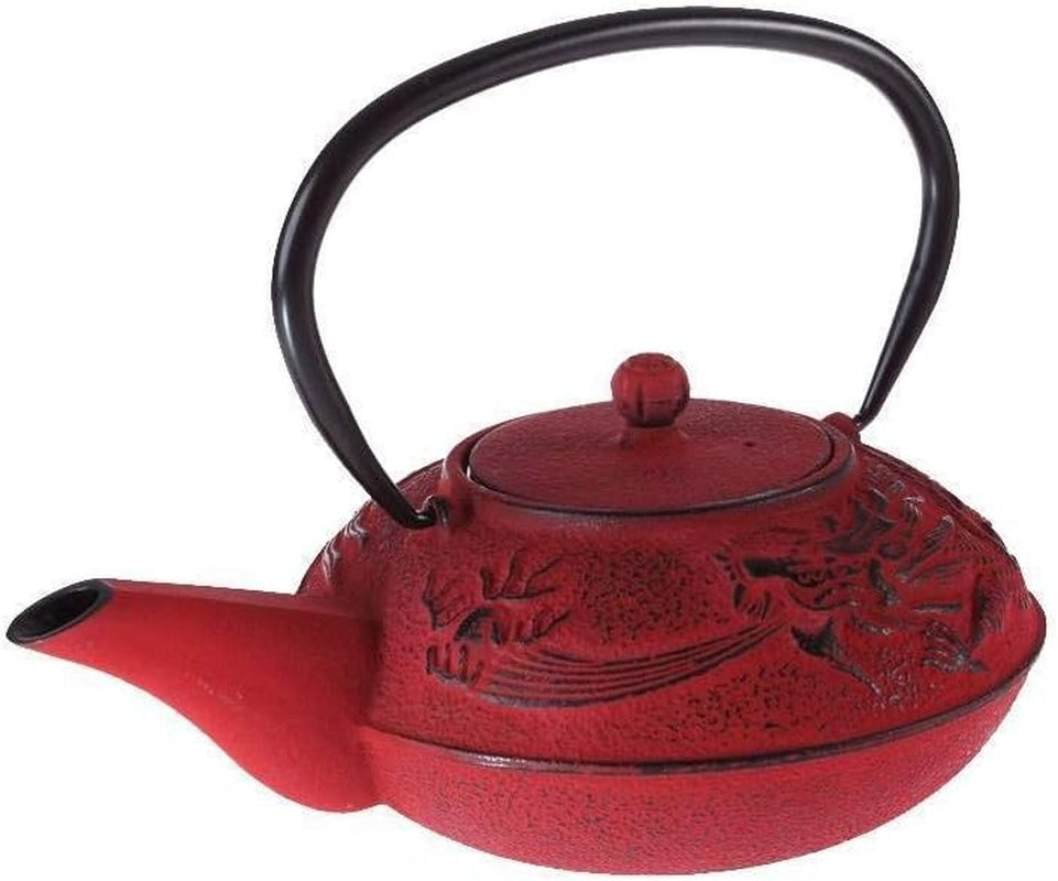 – Set de ceai Dragon Chinezesc – 1 ceainic, 4 cești din fontă și strecurătoare pentru ceai – Capacitate 0,8 l – Decor Japonez Asiatic – Idee de cadou pentru veselă japoneză – Culoare Roșu