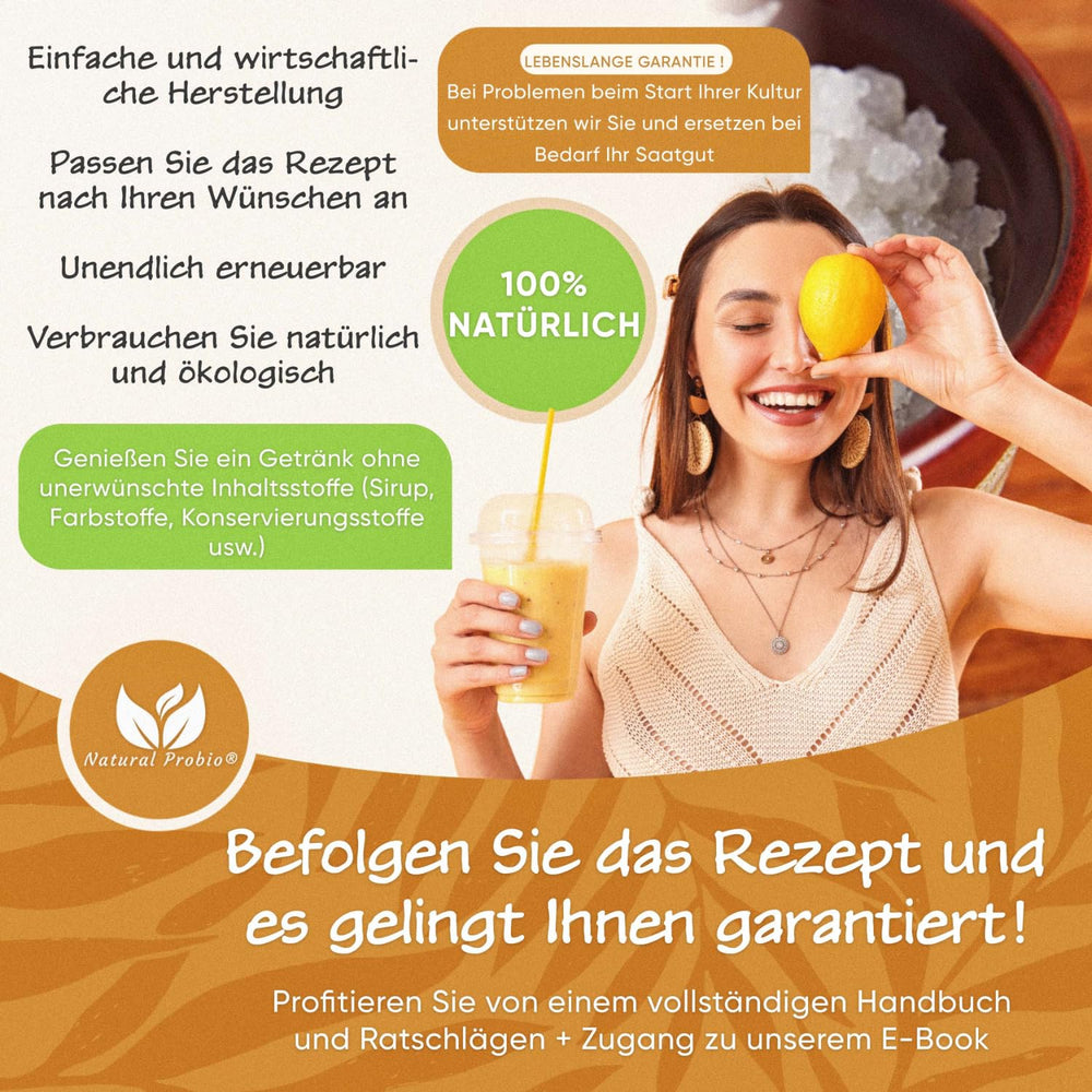 Natural Probio® Wasserkefir, Kefirpilz, Japankristalle, Kefirknollen, Starter Set + Anleitung, Rezept, Tipps, E-Book & Rezeptbibliothek + Kundenservice auf Lebenszeit (10g dehydreret/60g rehydreret)