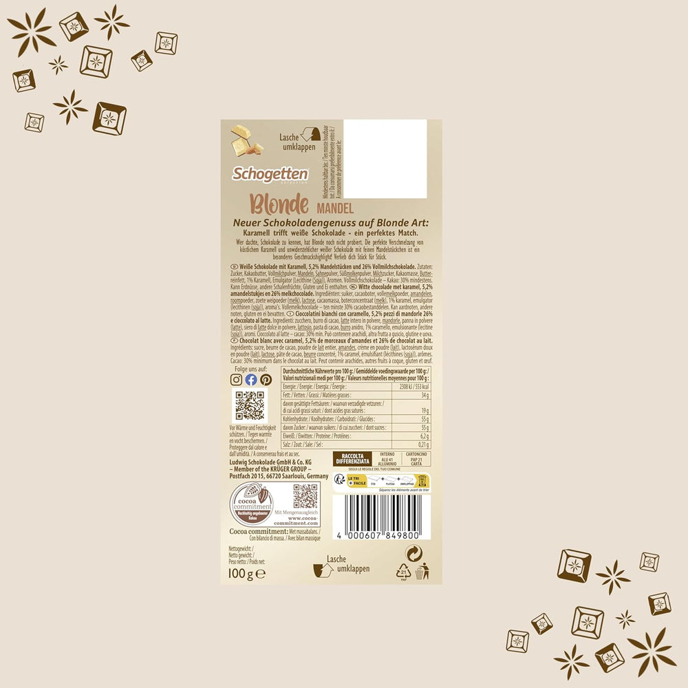 Schogetten Blonde Mandel | Hvid chokolade med karamel og mandelstykker | 100 g | Bekvemt portioneret (pakke med 2)