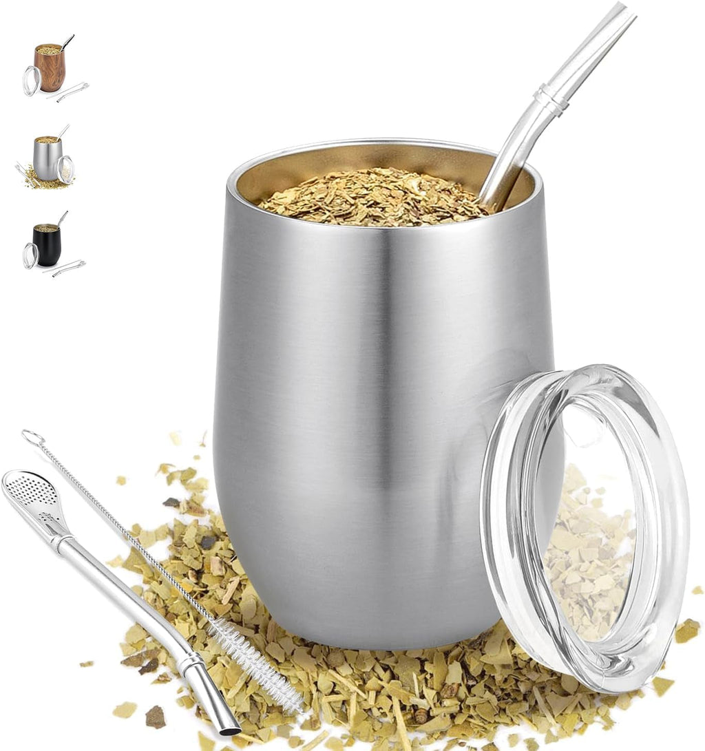 Cana modernă pentru mate 340 ml, set de căni pentru yerba mate din oțel inoxidabil cu pereți dubli izolați, cană pentru ceai mate cu capac fără BPA, bombillas și o perie de curățare (argintiu)