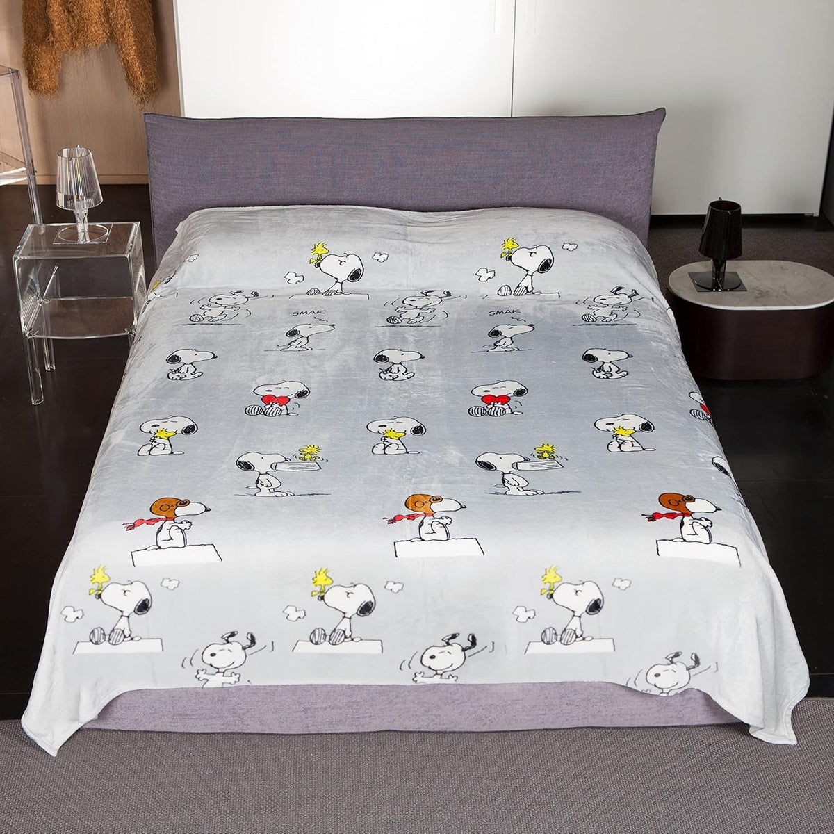 Kanguru Seng, sengetæppe, fleece tæppe til dobbeltseng, mikrofibertæppe, Snoopy Peanuts GREY, 230X230Cm, sommertæppe, sengetæppe til soveværelse Senge og tæpper Besuche den Kanguru-Store 230 X 230 dobbeltseng Snoopy grå