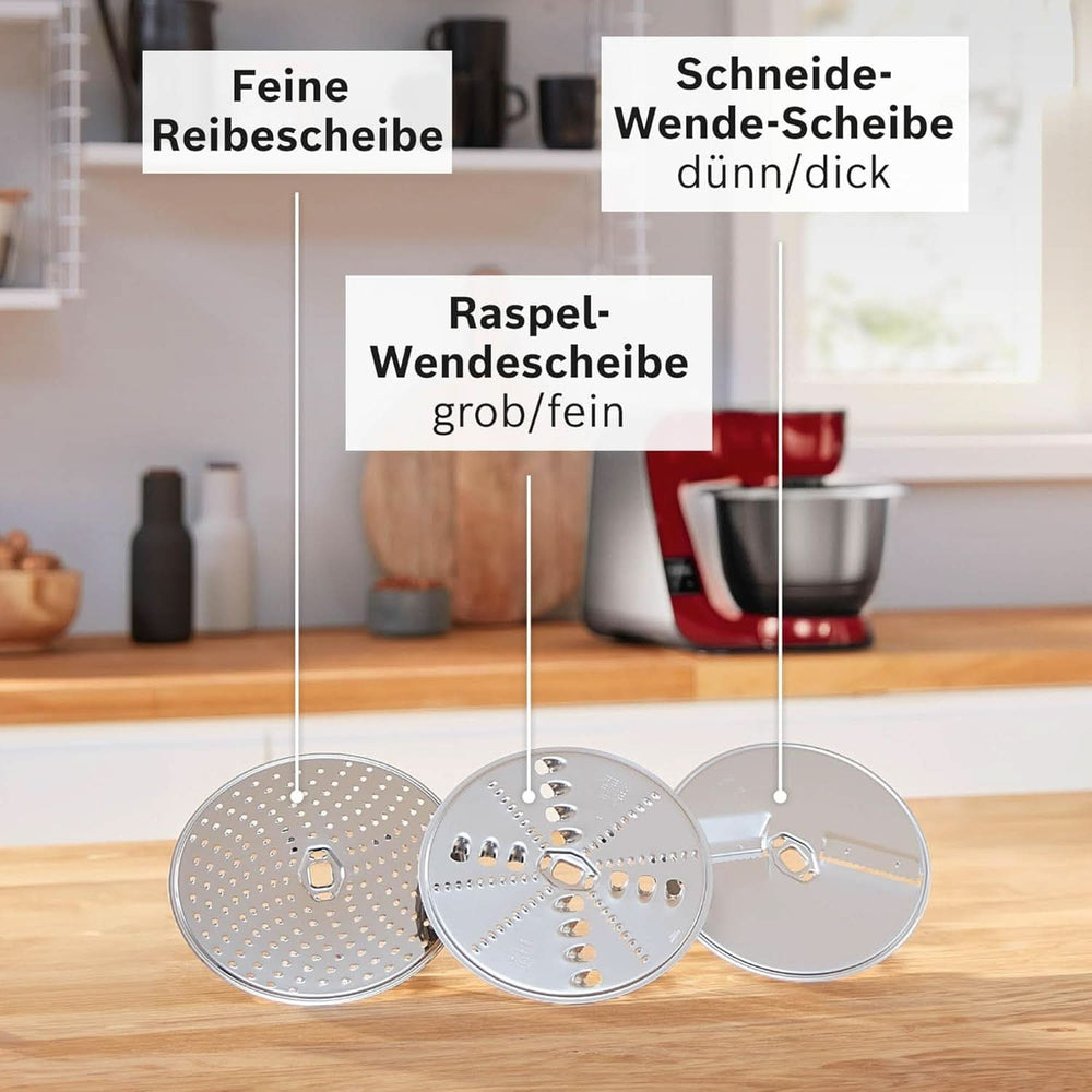 Küchenmaschine Serie 4 MUM58210, Edelstahl-Schüssel 3.9 L, Planetenrührwerk, Patisserie-Set Aus Edelstahl, Knethaken, Schlagbesen, Rührbesen, Durchlaufschnitzler, 3 Scheiben, 1000 W, Weiß/Silber Mother Shop