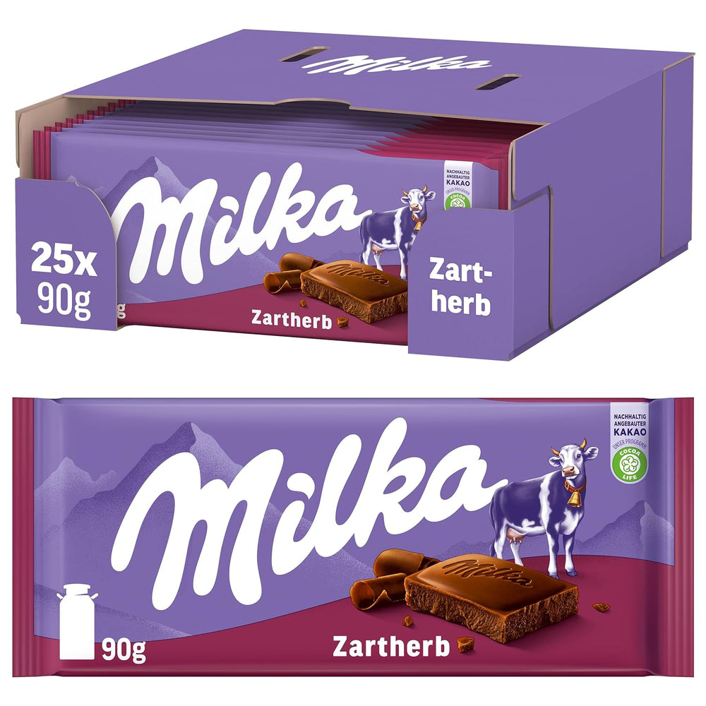 Milka Zartherb - alpin mørk mælkechokolade med et delikat strejf af kakao i multipakning - 25 x 90g