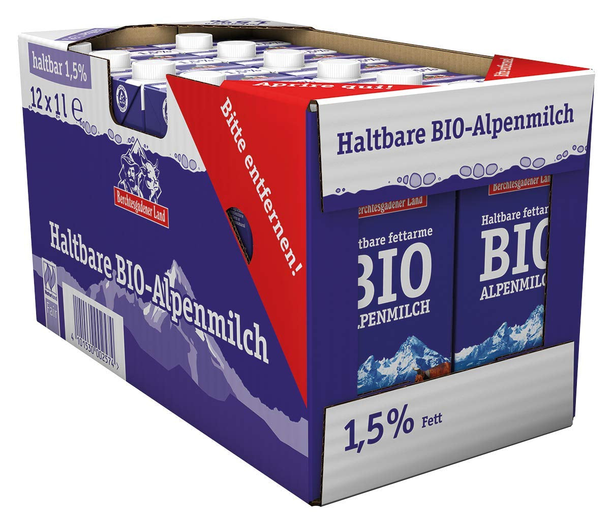 Berchtesgadener Land Haltbare Bergbauern-Milch, 1,5 % fedt, 12er pakke (12 x 1 l)