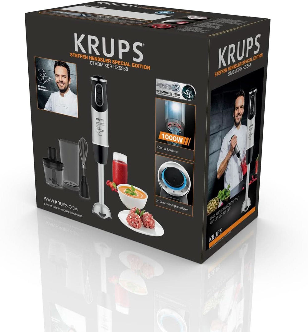 Krups Perfect Mix Stand Mixer HZ6568 | Blender | 1000 Watt | Edelstahlfuß | 4 Extra Scharfe Messer | Powelix-teknologi | Schneebesen | 500 Ml Zerkleiner | 800 Ml Messbecher | Schwarz/Silber Kitchen Naty Shop