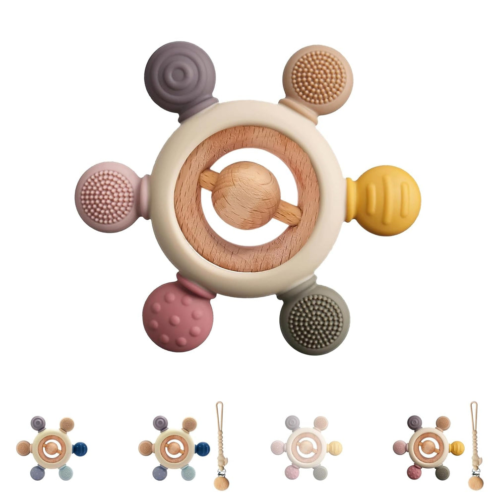 Inel de dentiție pentru bebeluși cu lanț pentru suzetă - ajutor pentru dentiție - jucărie pentru bebeluși 0-6 luni - articole esențiale pentru nou-născuți - jucărie de dentiție, fără BPA - idei de cadouri pentru sugari