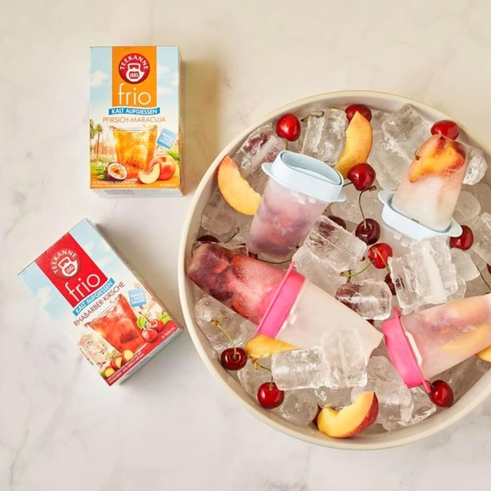 Ceai Teekanne Frio în pachet de 6 fructe, sortimente: zmeură-lămâie, coacăze-lămâie, piersică-maracuja, rubarbă-cireșe, ceai rece lămâie &amp; piersică, câte 18 pliculețe de 2,5 g fiecare