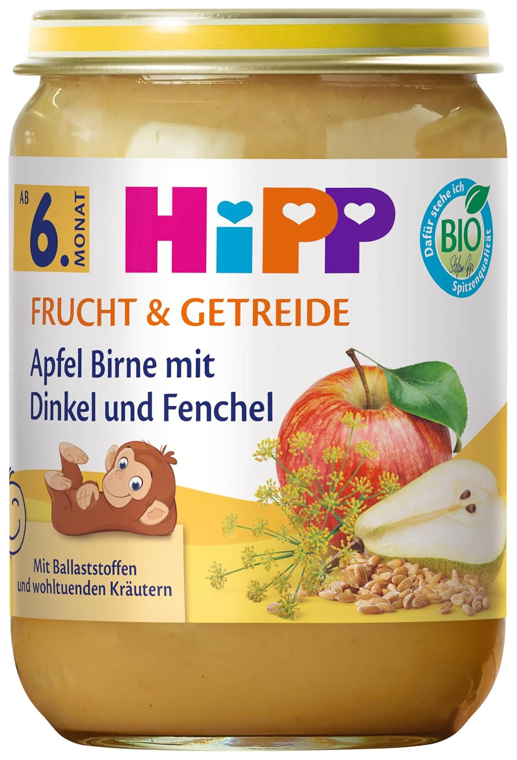 HiPP Bio Apple Birne mit Dinkel und Fenchel (6 x 190g), ab 6. Monat, mit Bio-Vollkorngetreide og wohltuenden Kräutern, nur natürliche Süße aus Früchten, in best Bio-Qualität