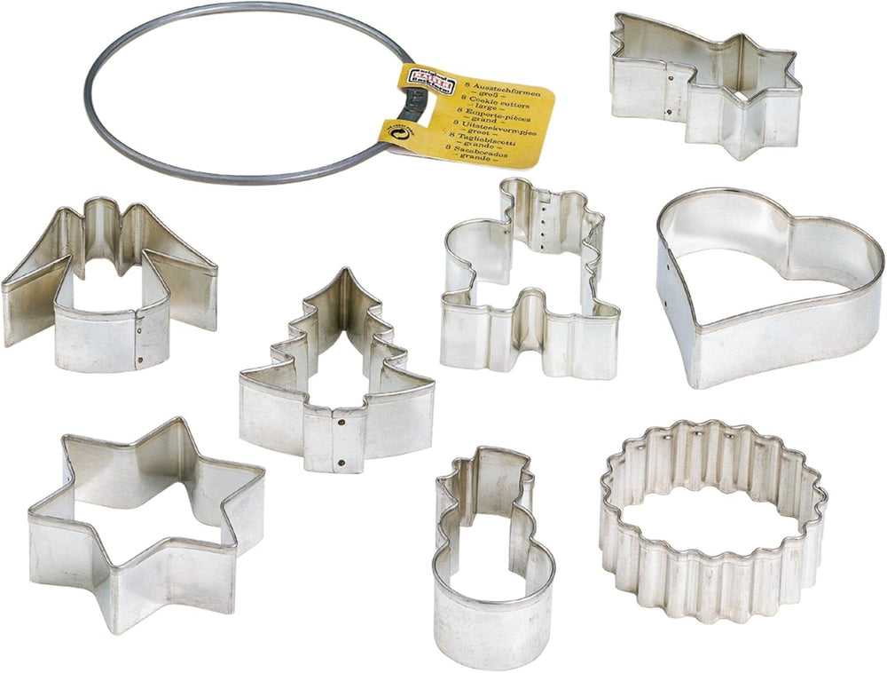Inel original Kaiser pentru tăieturi de biscuiți mari, cu 8 piese, set de Crăciun pentru începători, tăietoare de biscuiți de diferite dimensiuni, potrivite pentru mașina de spălat vase, argintii