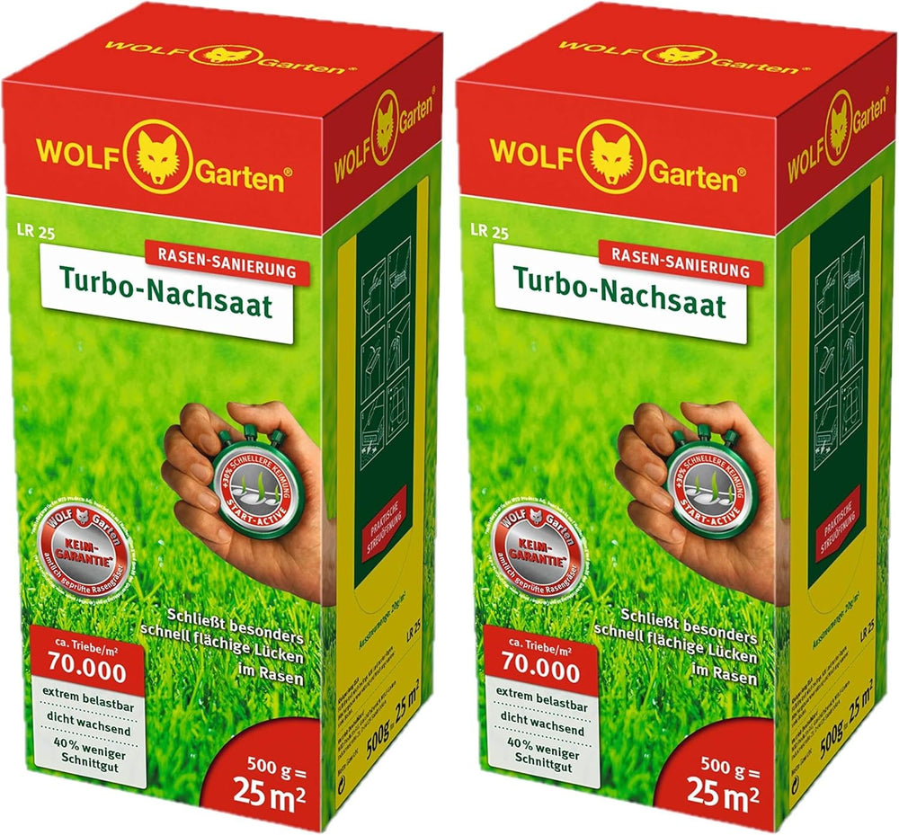 Wolf-Garten Turbo-Nachsaat Zur Rasensanierung LR50 (Für 50 M2, Hohe Dichte Mit Ca. 70.000 Trieben/M2, Für Alle Rasentypen Geeignet, Mit Wolf-Garten Keimgarantie, Im 1Kg Karton) 3826031