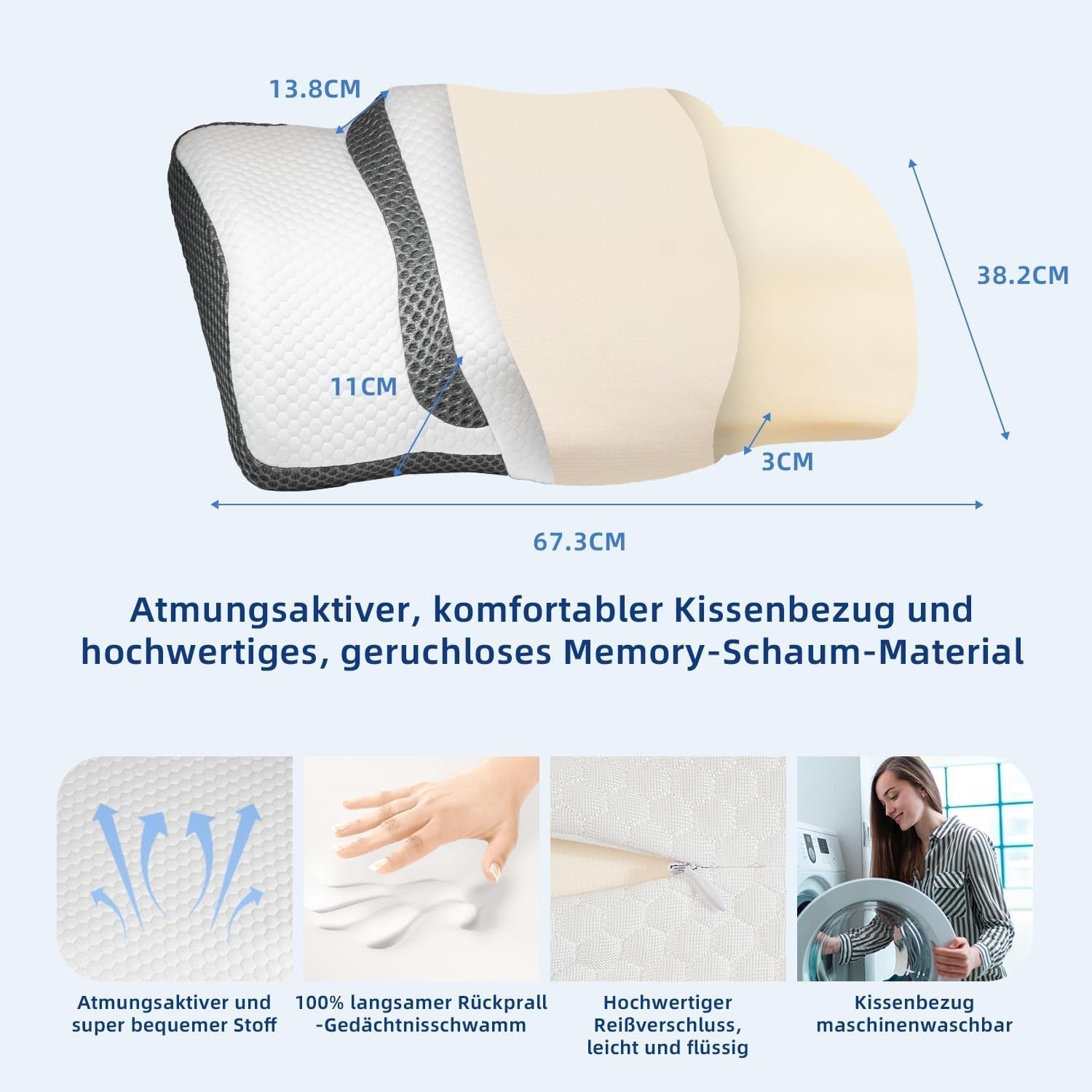 Pernă ortopedică, pernă ergonomică pentru gât, pernă pentru cap, pernă din spumă de memorie originală pentru părți laterale, sprijin pentru spate și stomac, pernă de sprijin pentru gât pentru bărbați, femei (67.3 X 38.2 X 13.8/3Cm) Perne ortopedice cervicale Naty Shop