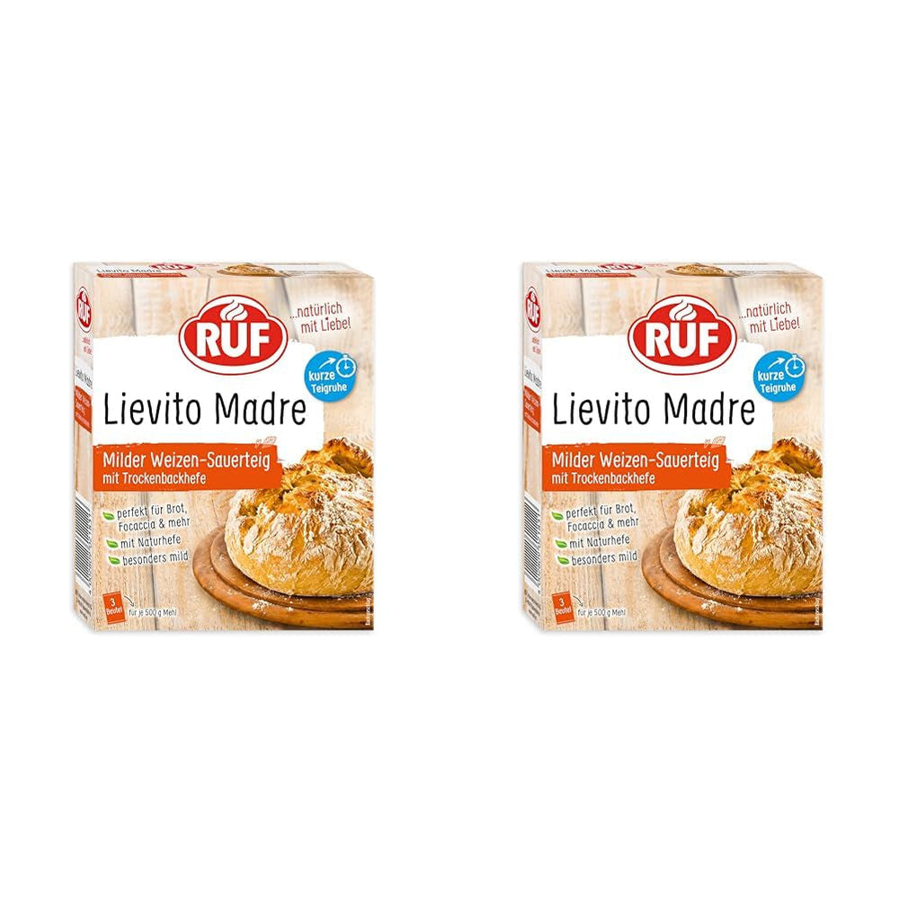 RUF Lievito Madre Sauerteig, Milder Weizen-Sauerteig, Mutterteig, Kurze Teigruhe Durch Enthaltene Trockenhefe, Lievito Madre Getrocknet Für Brot, Baguette, Focaccia, 3X35G Amestec pentru copt si gatit Naty Shop 35 G (6Er Pack) Kurze Teigruhe