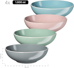 MÄSER 934006 Seria Elissa, Set de veselă modern pentru 4 persoane în glazuri mate colorate cu margine albă, Set combinat de 16 piese, Gresie, Multicolor, Gri, Turcoaz, Roz, Verde