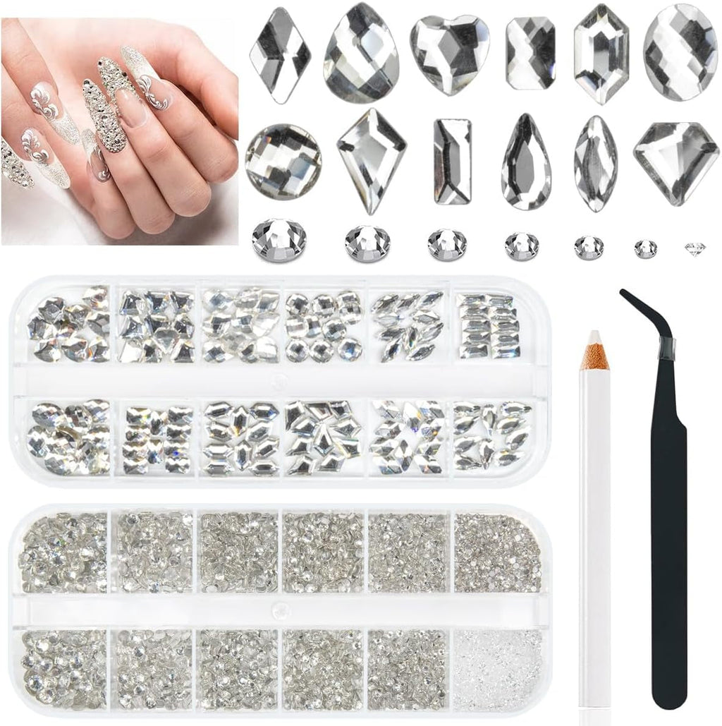 2630 buc pietre strălucitoare cristal AB pentru unghii, 120 pietre strălucitoare mari de 12 tipuri + 2510 pietre rotunde din sticlă K9 de 6 dimensiuni pentru unghii, strasuri, design de unghii, brelocuri pentru unghii pentru arta feței