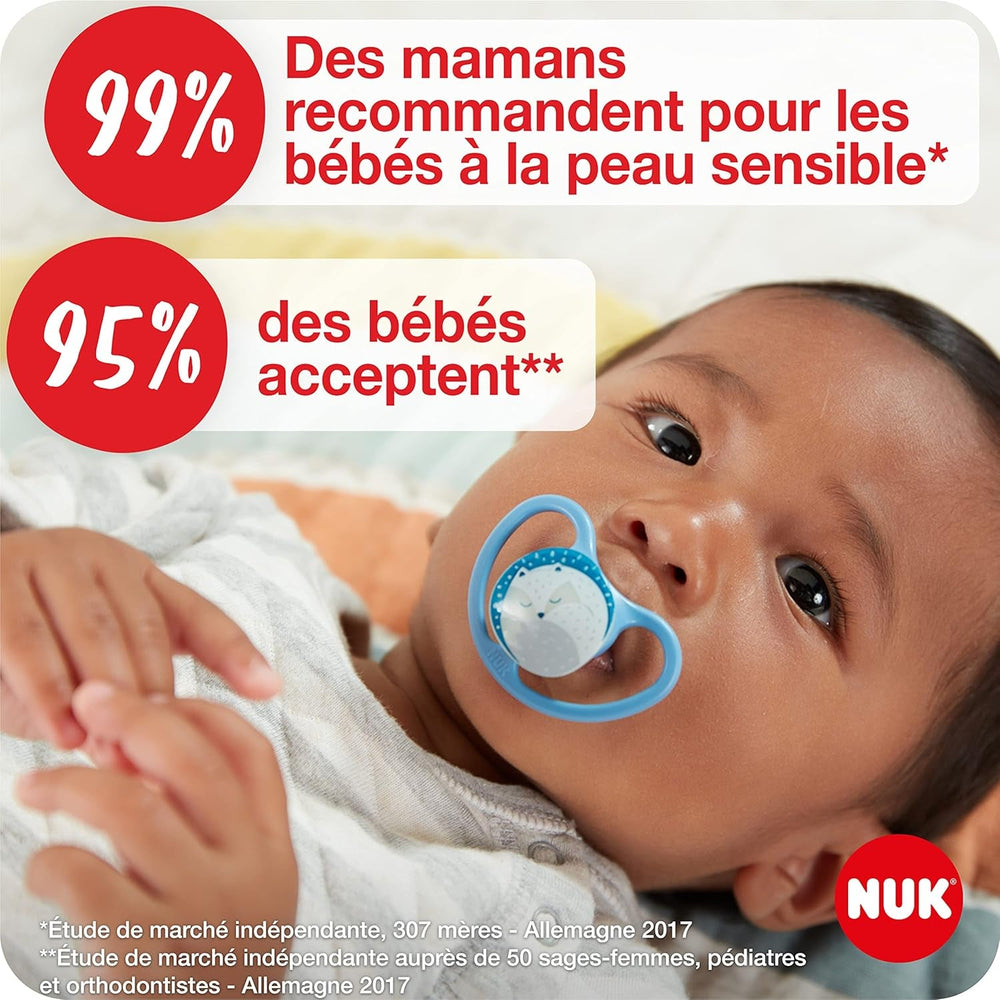 Suzete NUK Space Night, 0-6 luni, orificii de ventilație extra mari, strălucesc în întuneric, silicon fără BPA, vulpe și buburuză, 2 bucăți