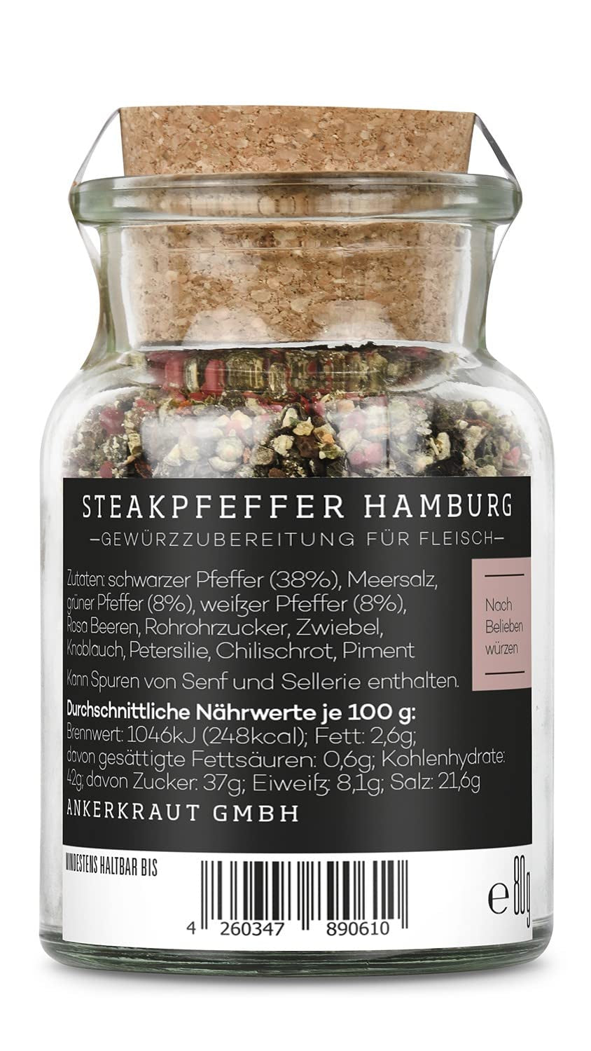 Ankerkraut Steakpfeffer Hamburg, Pfefferkörner Hausmischung, grober Steakhouse-Pfeffer, frische Note, Universal Allrounder, Lecker Kochen mit Qualität, 80 g i Korkenglas