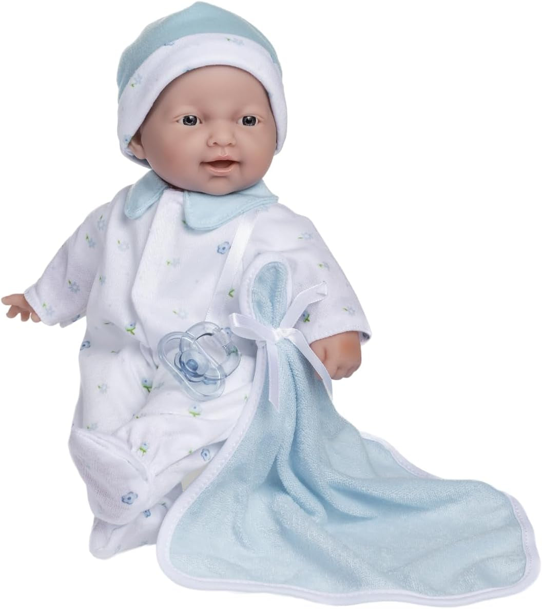JC Toys La Baby Caucasian Baby Doll Sæt - 28 cm blød vaskbar dukke, aftageligt pink outfit med hat, tæppe og sut, i 12 måneder og opefter Naty Shop Dolls Single Caucasian, blå