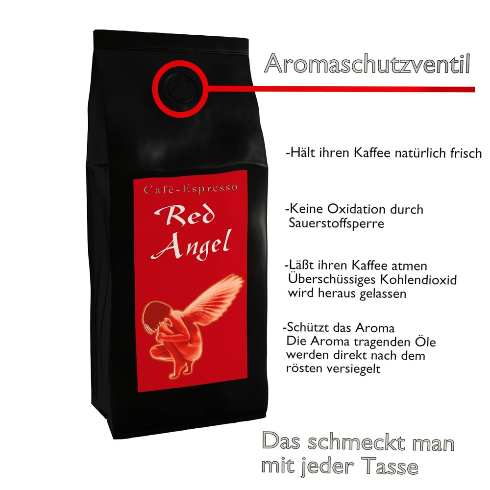 Cafea Espresso Red Angel - The Fiery One - 200g boabe întregi - pentru aparate de cafea complet automate, Espressoare complet automate - Espresso premium puternic - Aciditate scăzută - Prăjită ușor și proaspăt