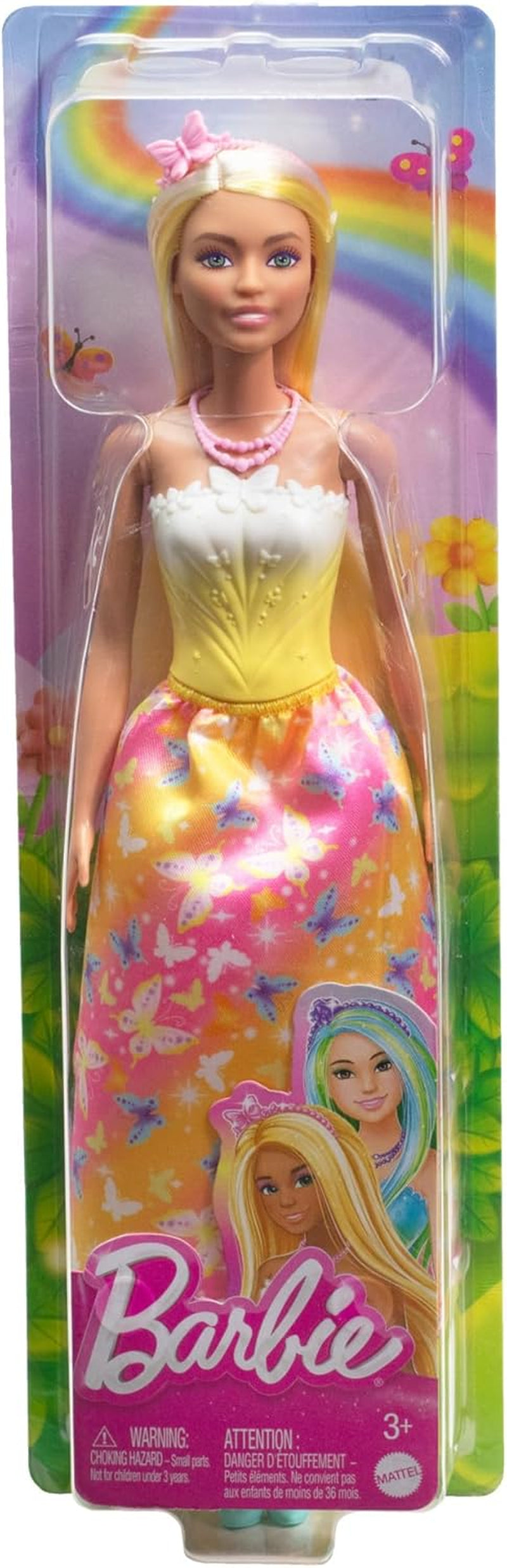 Royal Barbie Doll med smart hår med farverige tråde, farverigt tilbehør, gradient gul top og sommerfugle nederdel, HRR09 Naty Shop Dolls