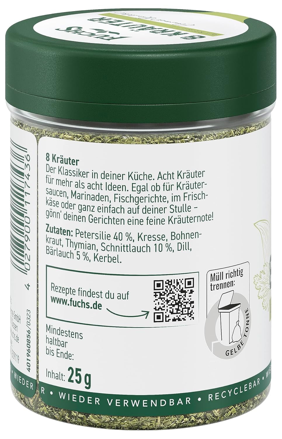Fuchs Gewürze - 8 Kräuter gerebelt - Kräutermischung für Marinaden, Fischgerichte oder Kräuter-Frischkäse - natürliche Zutaten - 25 g in wiederverwendbarer, recyclebarer Dose