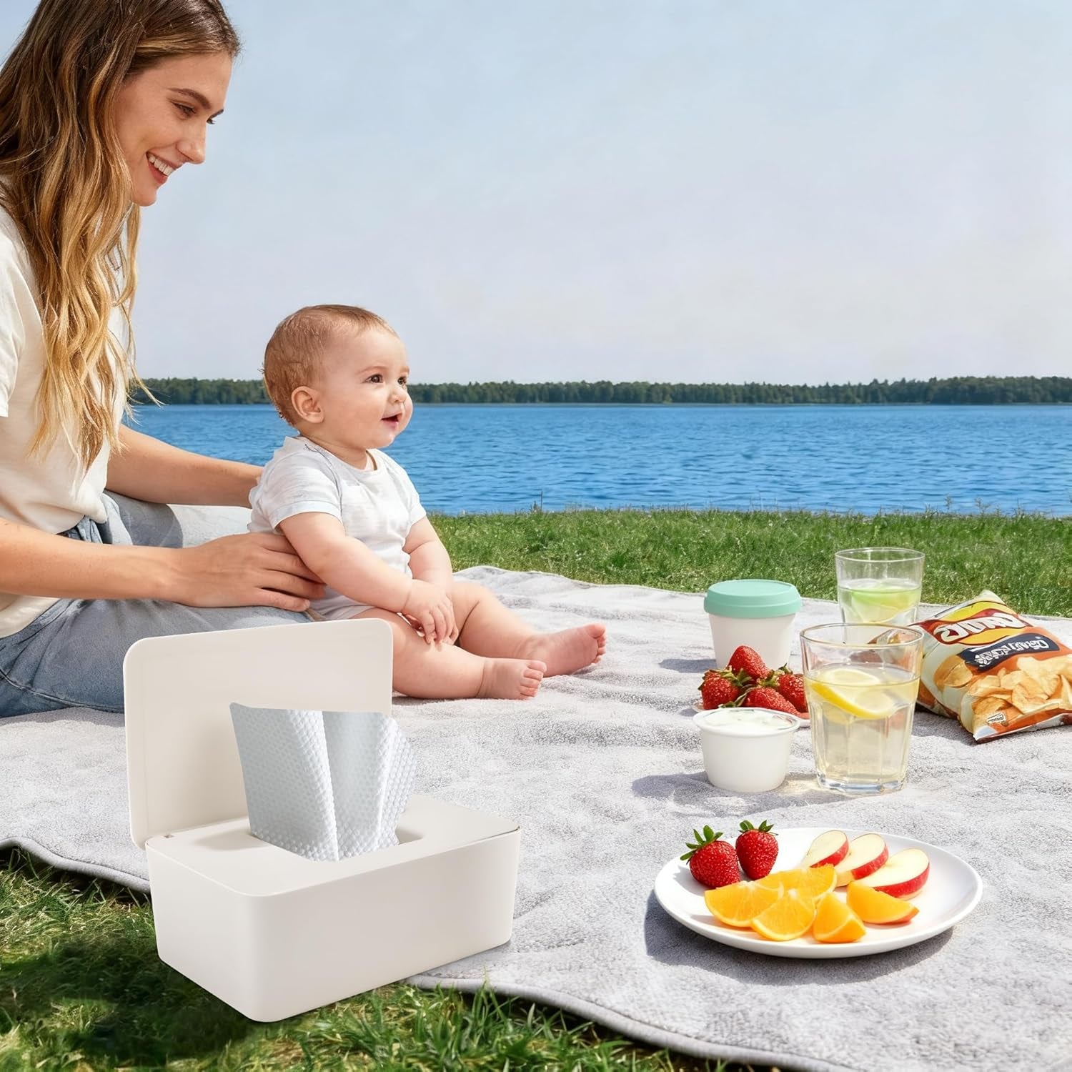 Vådservietterboks med låg, vådservietterboks, dispenser til babyvådservietter, vandtæt og forseglet opbevaringsboks, vådservietterdispenser til badeværelse, køkken, hvid