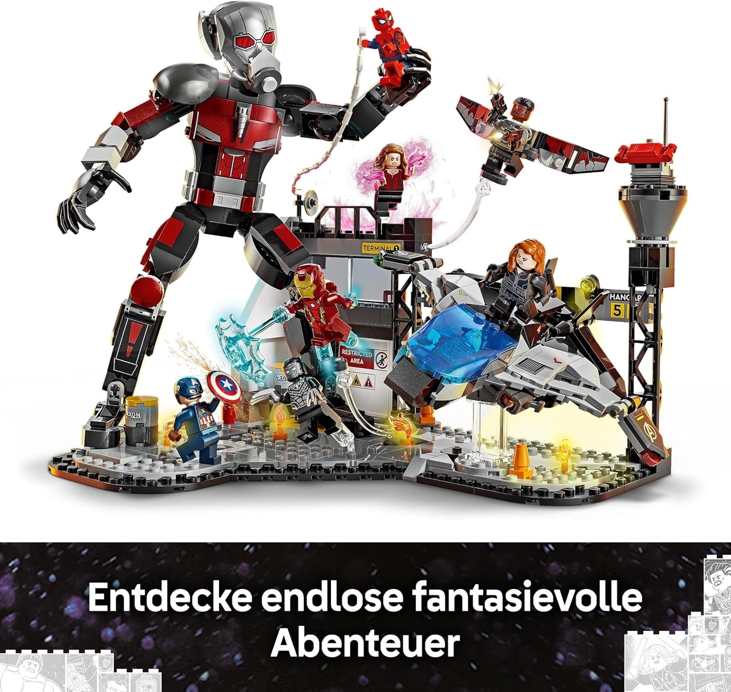 LEGO Marvel Captain America: Civil War Action Duel - Superhelte-legesæt med 8 minifigurer - Bygge- og legesæt til legetøjsfly - Gave til drenge og piger 76314 Byggesæt Besuche den LEGO-Store
