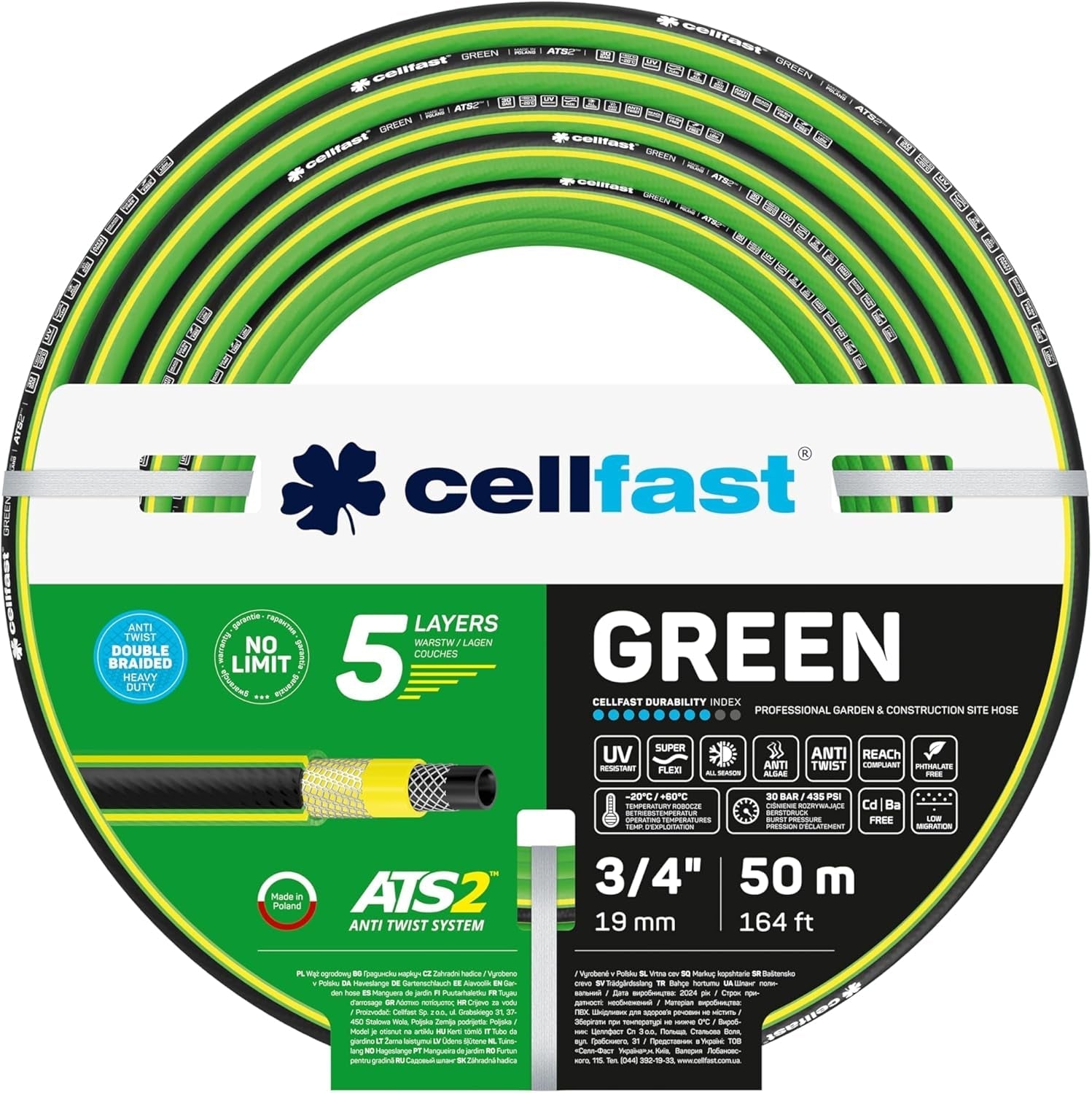 Furtun de grădină CELLFAST, furtun de apă cu 5 straturi, material textil dublu împletit cu bordură transversală, furtun de irigații, rezistent la UV, anti-alge, flexibil, 30 bar, 3,4 inci, 50 metri, verde