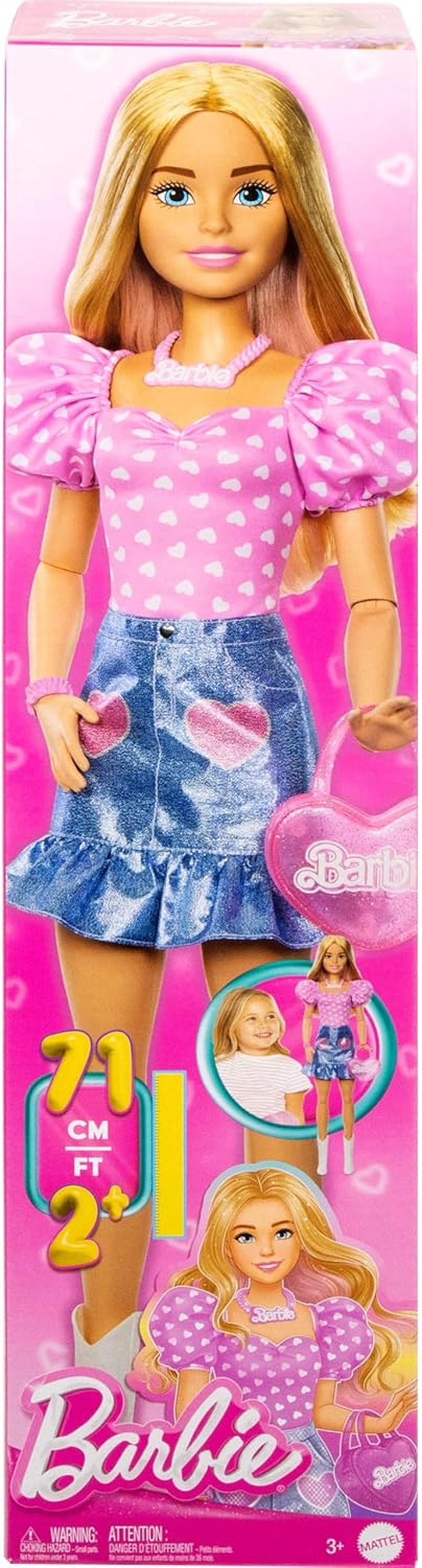 Păpușă Barbie la modă, blondă, 71 cm, cu haine detașabile, top roz, fustă din denim și cizme de cowboy, colier și geantă de mână, HYT84